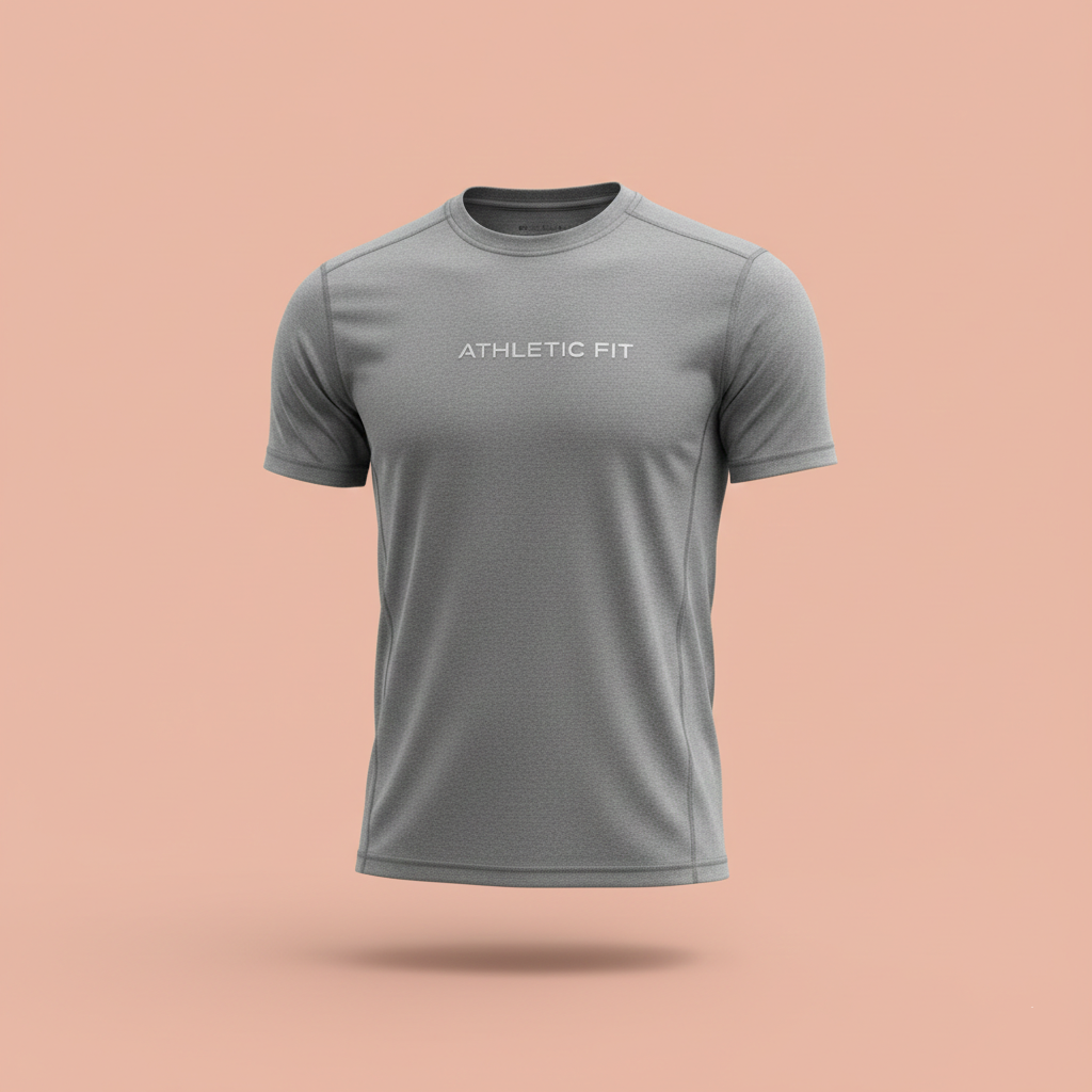 Gray athletic fit t-shirt on a peach background