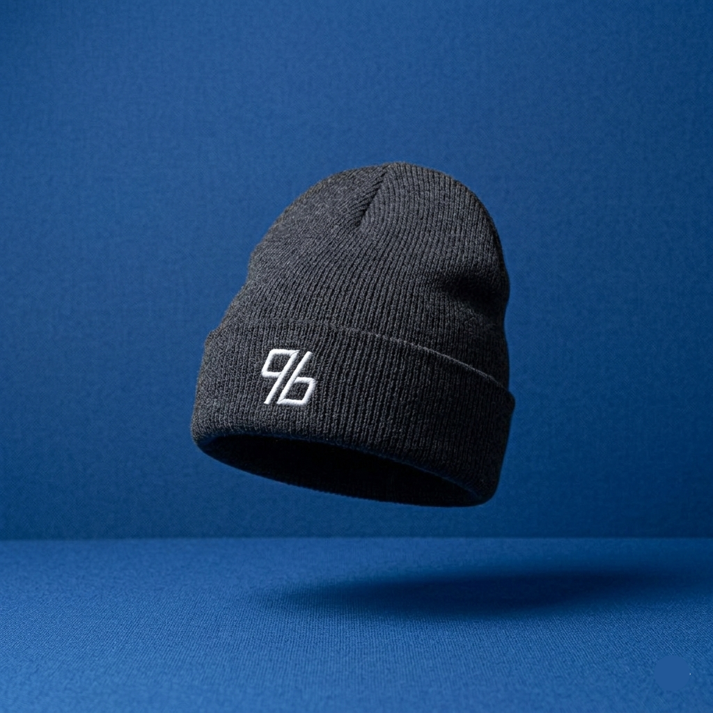 Black beanie with a logo on a blue background