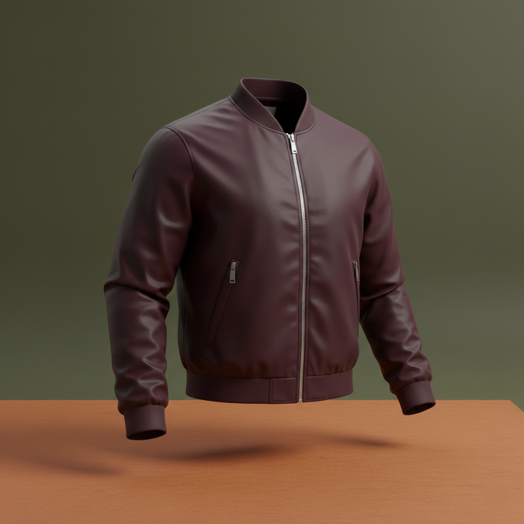 Maroon leather jacket on a brown surface with a green background