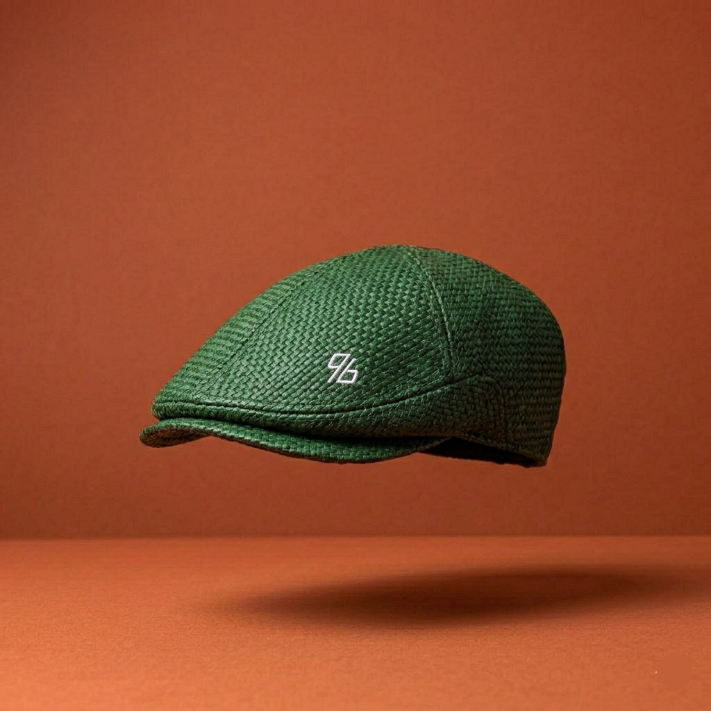 Green cap with a logo on an orange background