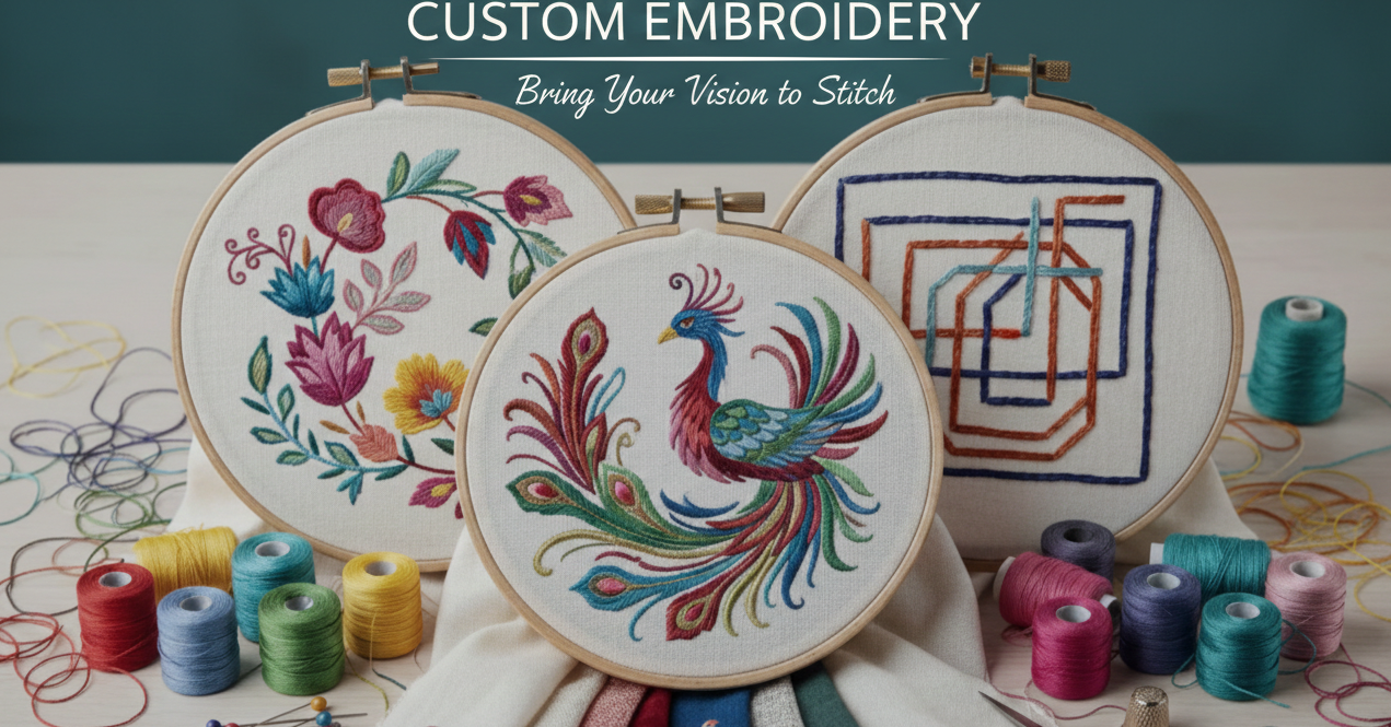 Embroidery hoops with colorful designs and spools of thread on a table.