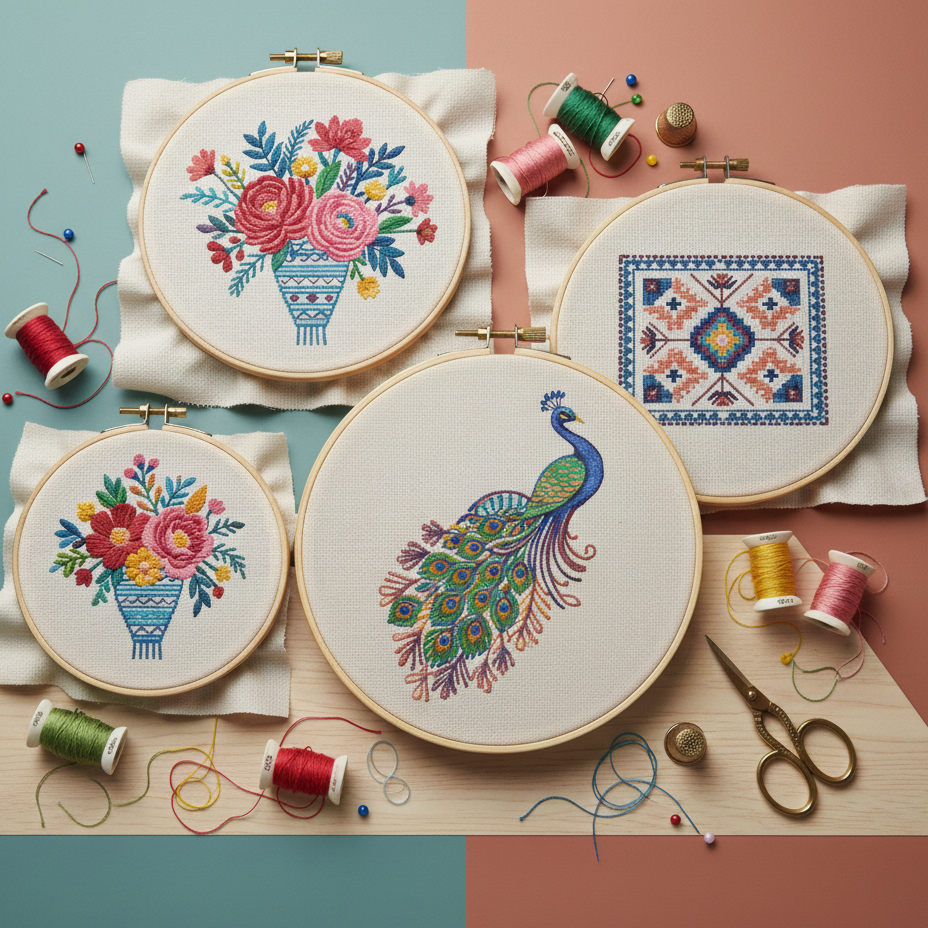 Embroidery hoops with floral and peacock designs on a colorful background.