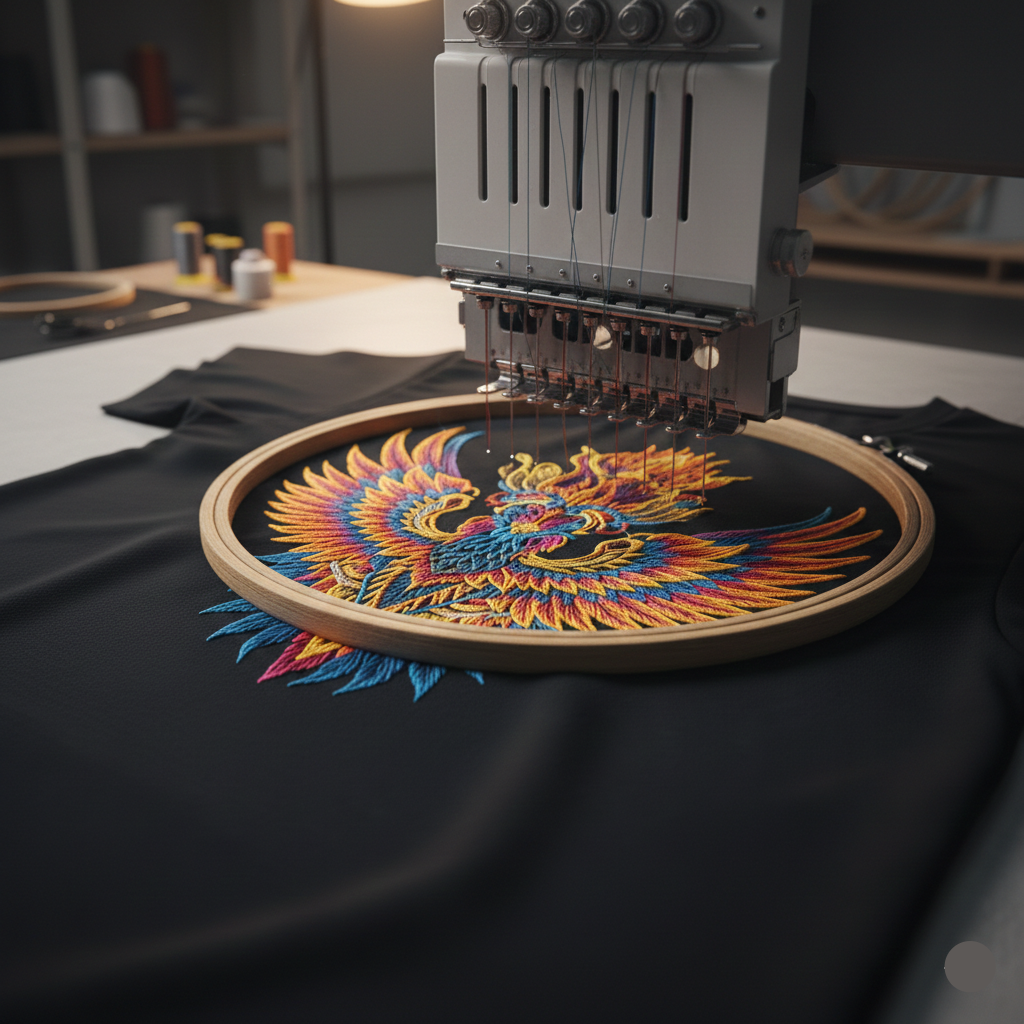 Embroidery machine with a colorful phoenix design on black fabric