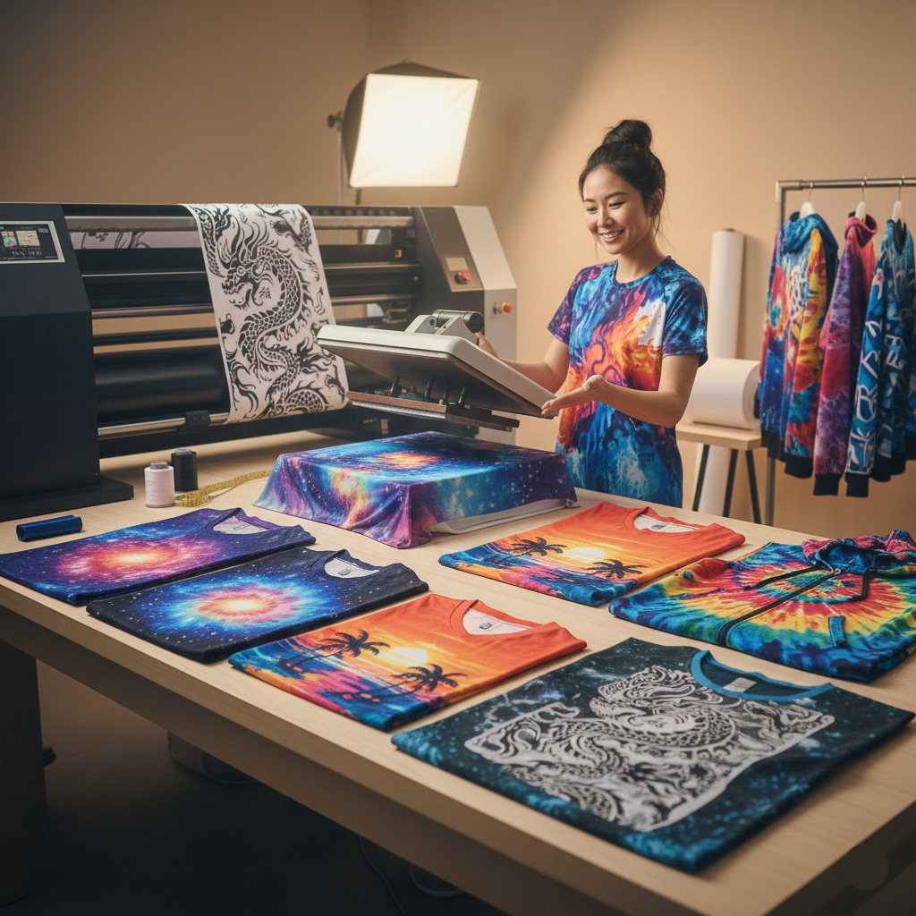 Woman working with tie-dye shirts in a printing studio