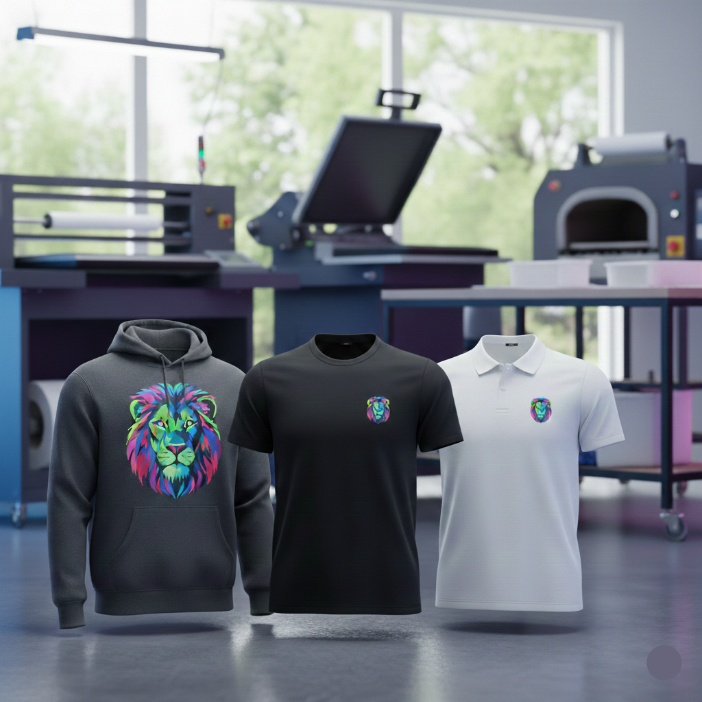 Three clothing items (hoodie, t-shirt, and polo shirt) with colorful designs in a printing studio.