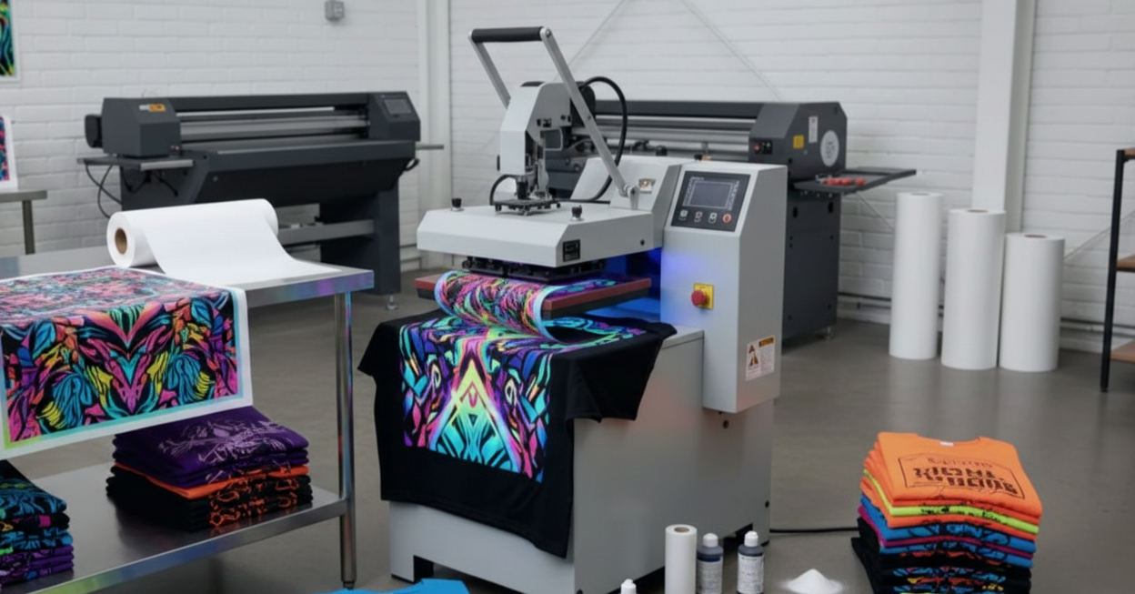 T-shirt printing setup with digital printer, heat press, and colorful t-shirts in a room.