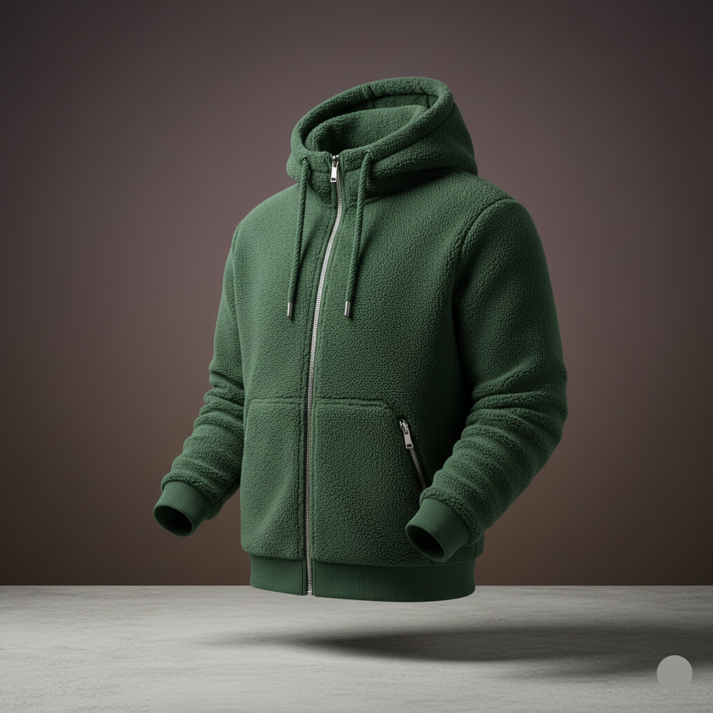 Green fleece jacket with a hood on a gray surface and brown background