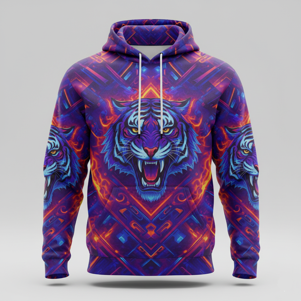 Hoodie with a vibrant tiger design on a gray background