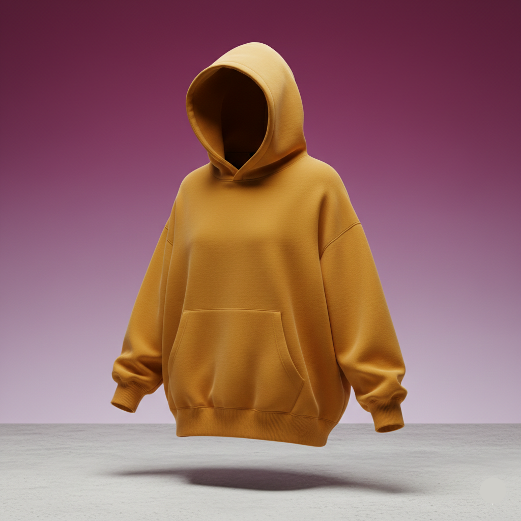 Yellow hoodie on a gradient purple background