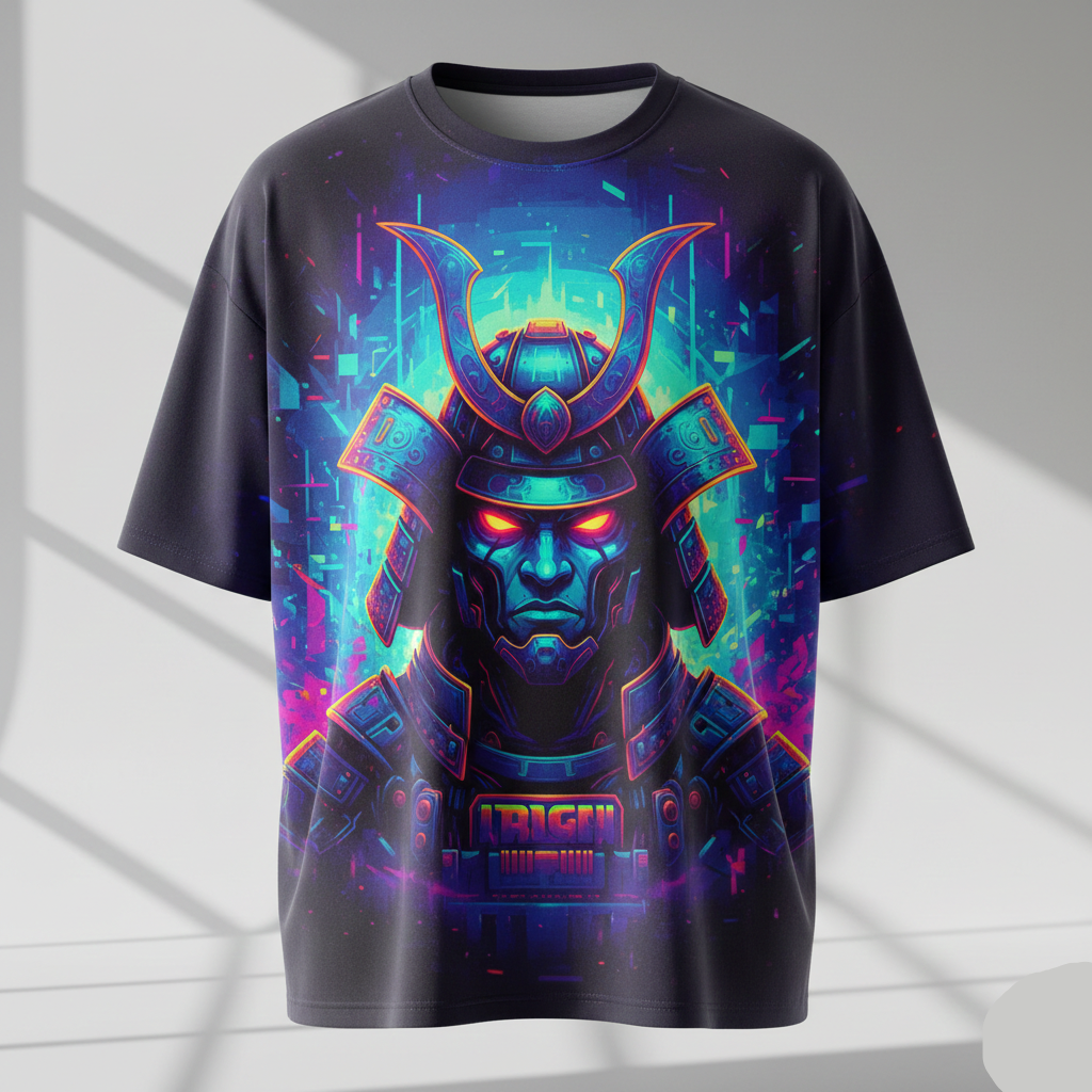 Black t-shirt with a futuristic warrior design on a white background