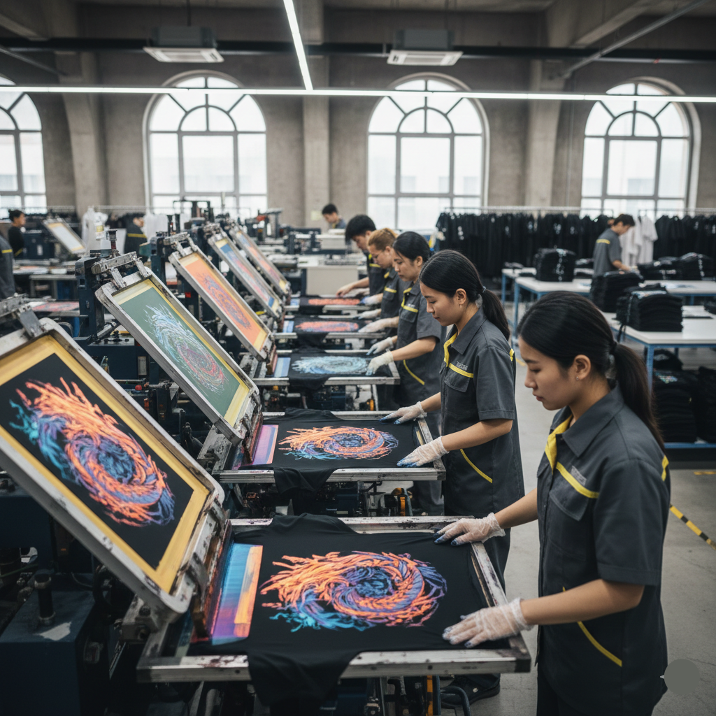 Workers in a screen printing factory with colorful designs on t-shirts.