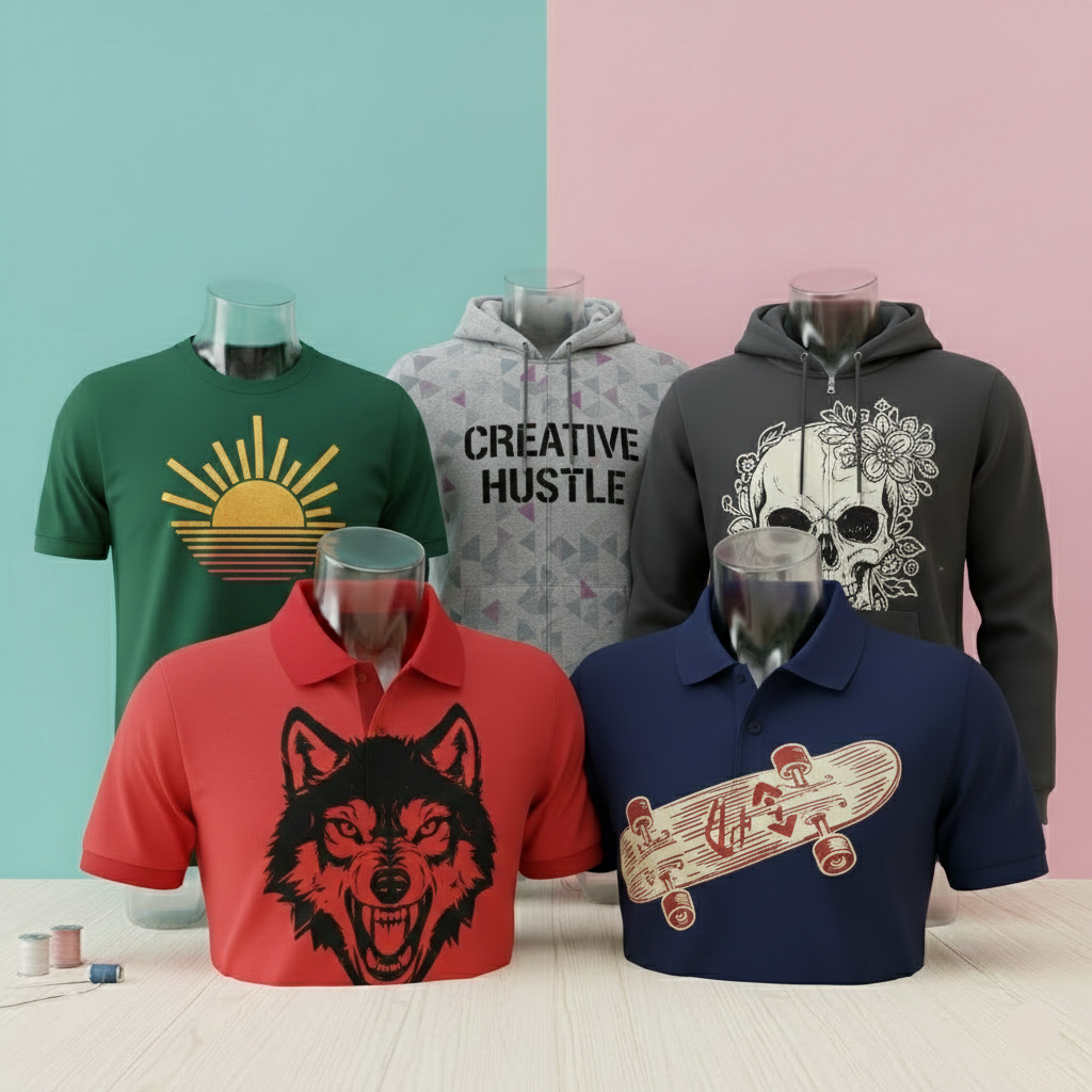 Collection of clothing items including t-shirts and hoodies with various designs on a two-tone background.