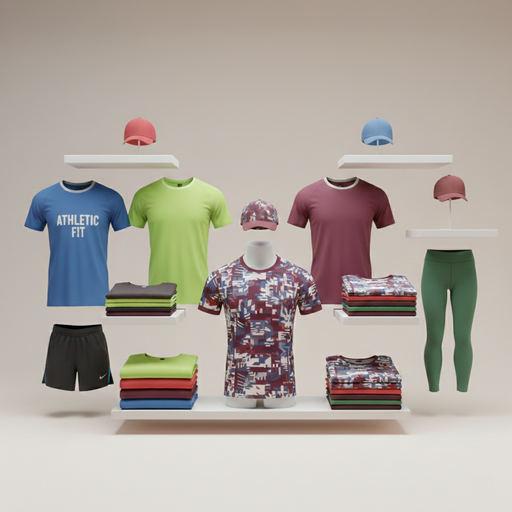 Display of athletic wear including t-shirts, shorts, leggings, and caps on a neutral background.