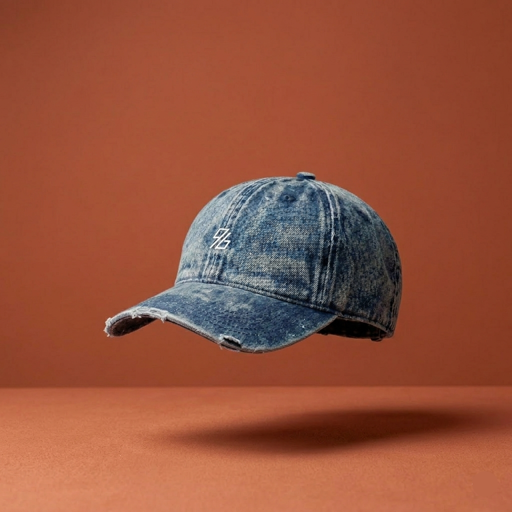 Blue denim cap on a brown background