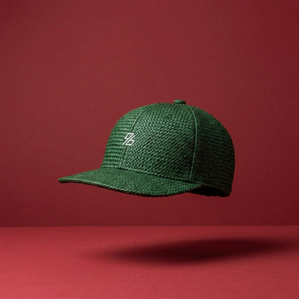 Green textured cap with a logo on a red background