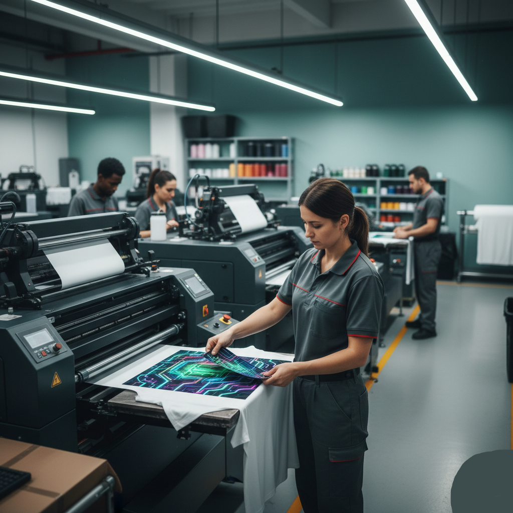 Person working with a large printer in a printing facility
