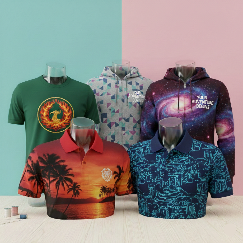 Collection of various shirts on mannequins against a light blue and pink background