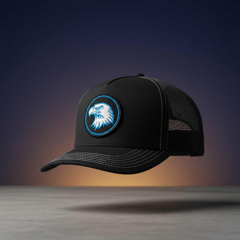 Black cap with an eagle logo on a gradient background