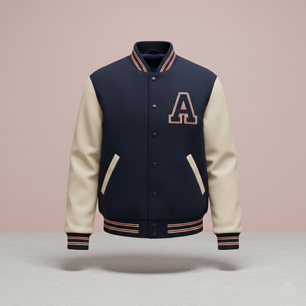 Navy and beige varsity jacket with a large letter 'A' on a light pink background