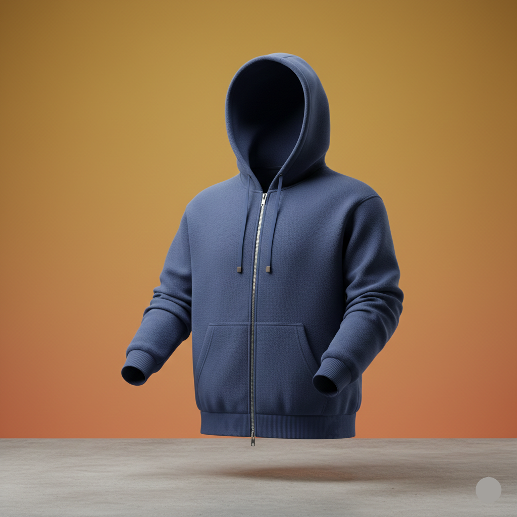 Blue hoodie with a zipper on a wooden surface and orange gradient background