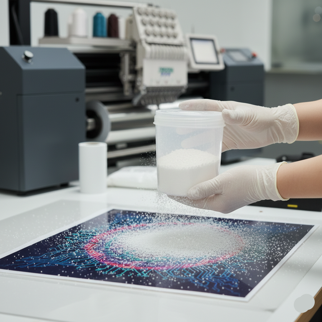 Person in a lab setting pouring white powder onto a colorful surface with industrial equipment in the background.