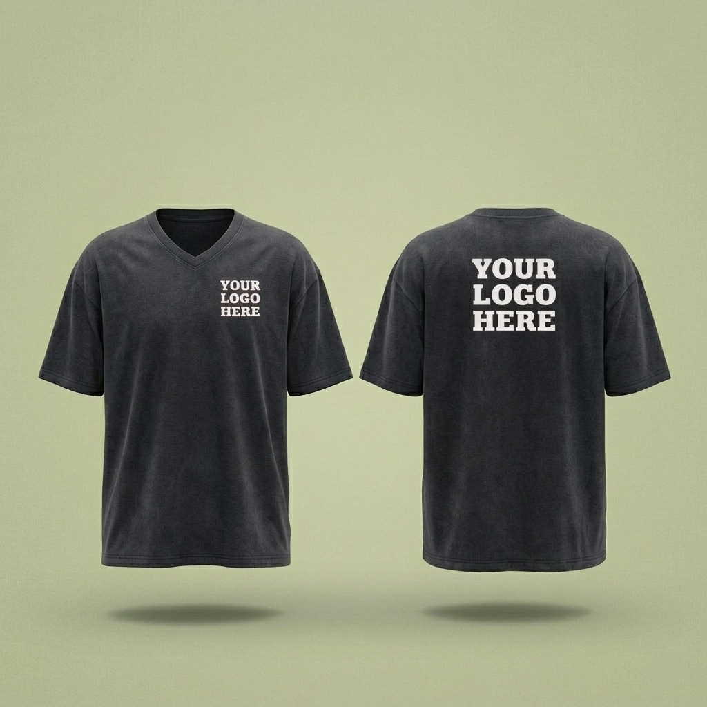 Black t-shirt with 'Your Logo Here' text on a light green background