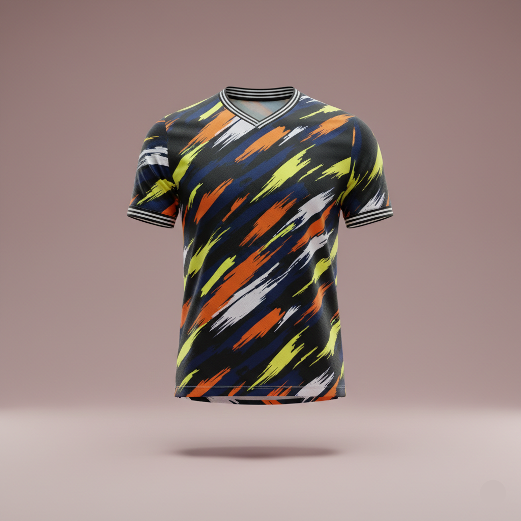 Colorful patterned t-shirt on a beige background