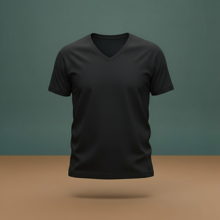 Black V-neck t-shirt on a brown surface with a teal background