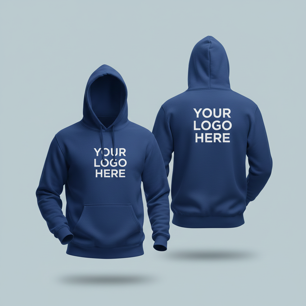 Blue hoodie with 'Your Logo Here' text on front and back against a light gray background
