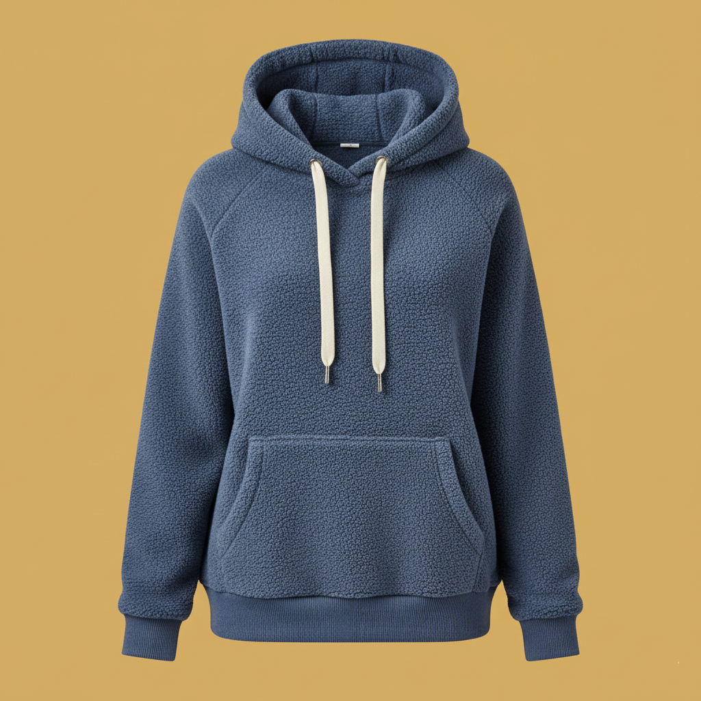 Blue hoodie with a white drawstring on a mustard yellow background