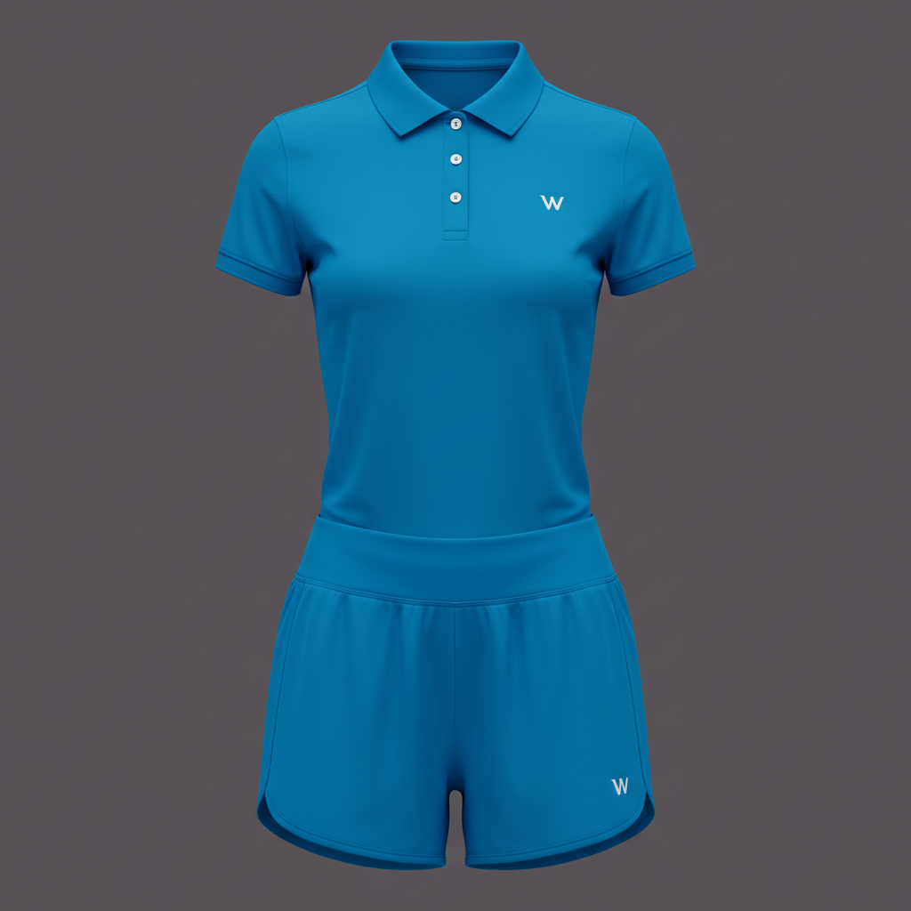 Blue polo shirt and shorts set with a logo on a gray background