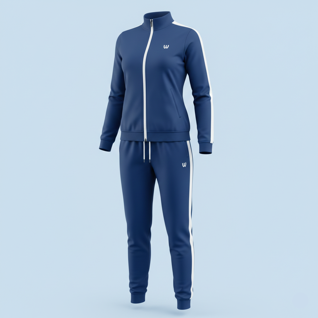 Navy tracksuit with white accents on a light blue background