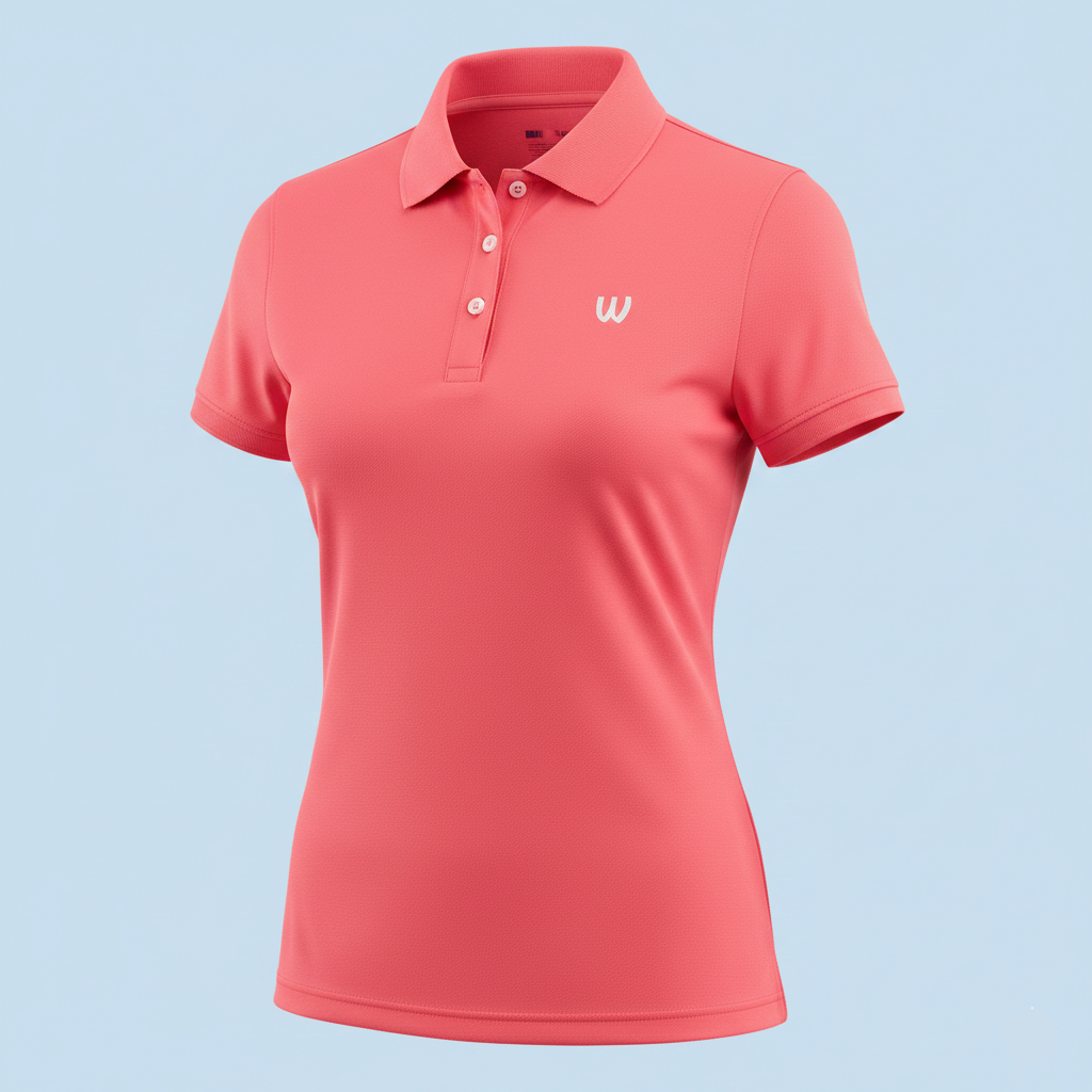 Coral polo shirt with a logo on a light blue background