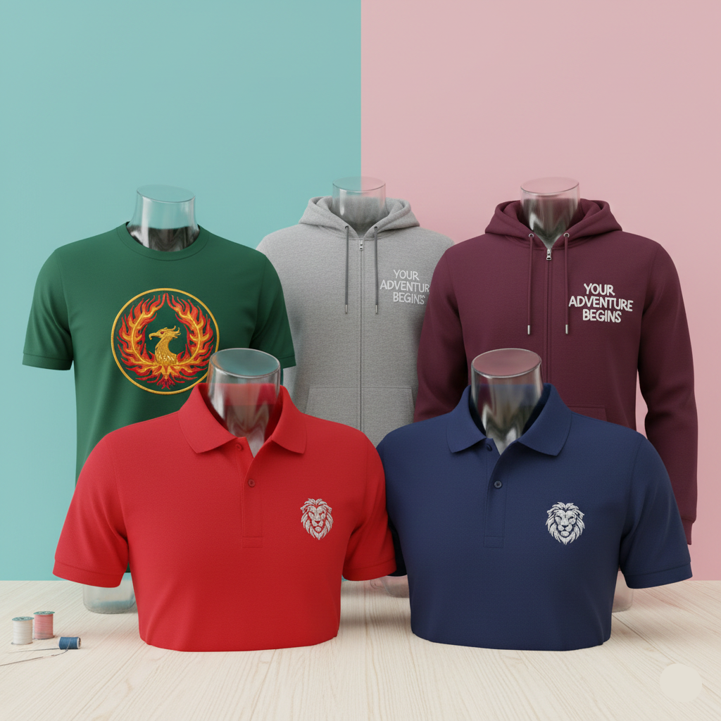 Collection of clothing items including t-shirts and hoodies on mannequins against a colorful background.
