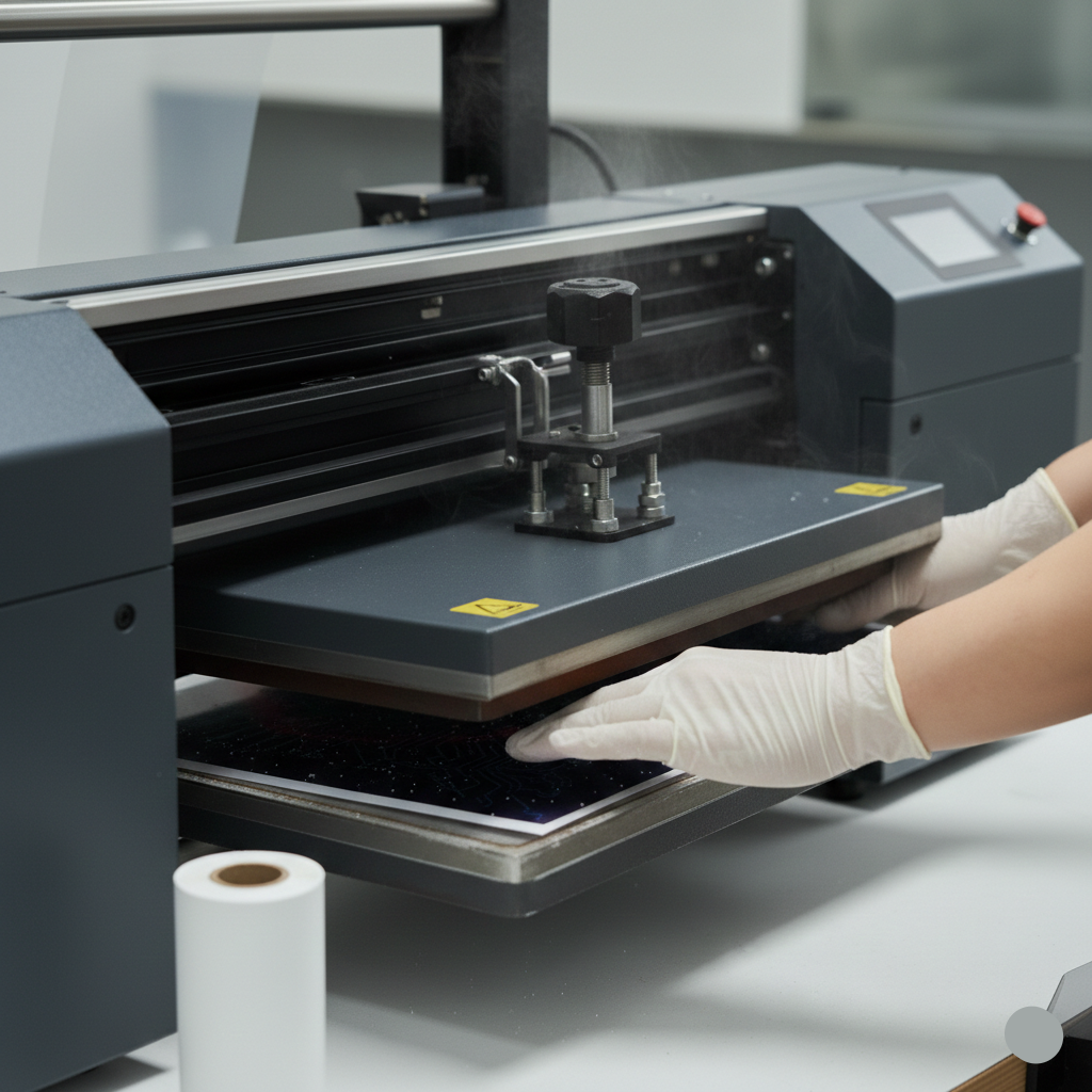 Person wearing gloves operating a large printer with a close-up of the machine's interior.