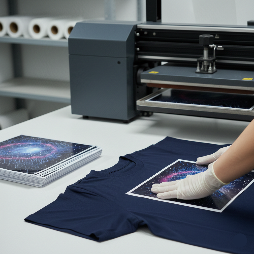 Person wearing gloves applying a printed design to a navy t-shirt with a large printer in the background.