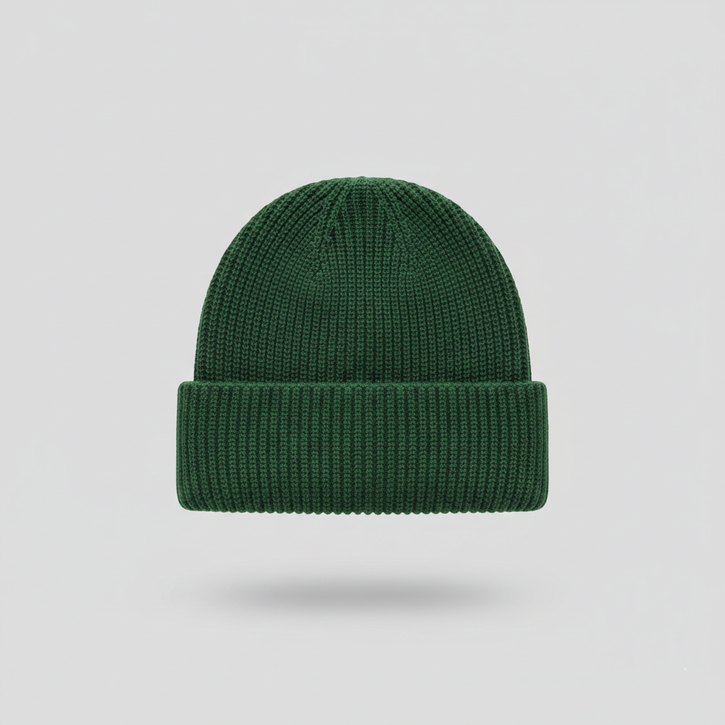 Green beanie on a light gray background