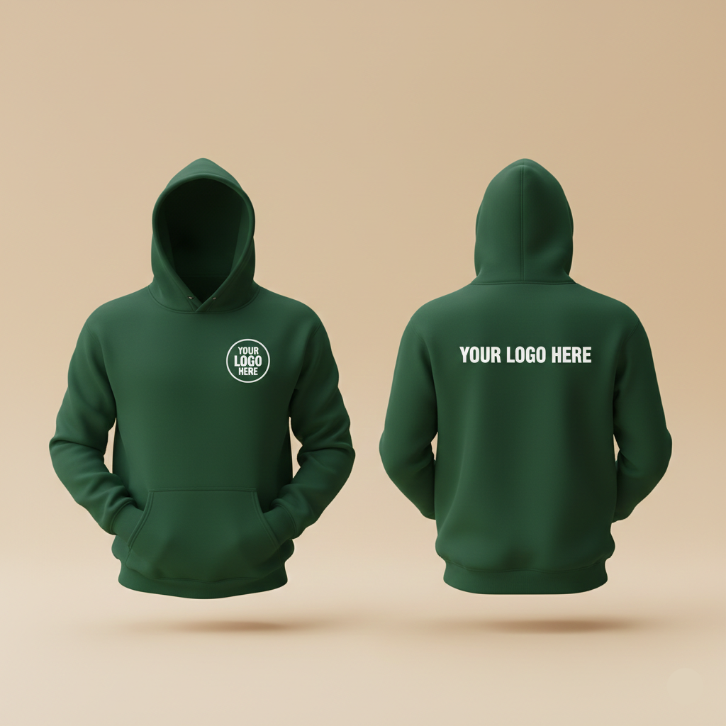 Green hoodie with customizable logo areas on a beige background