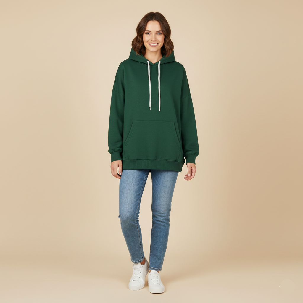 Woman wearing a green hoodie and blue jeans on a beige background