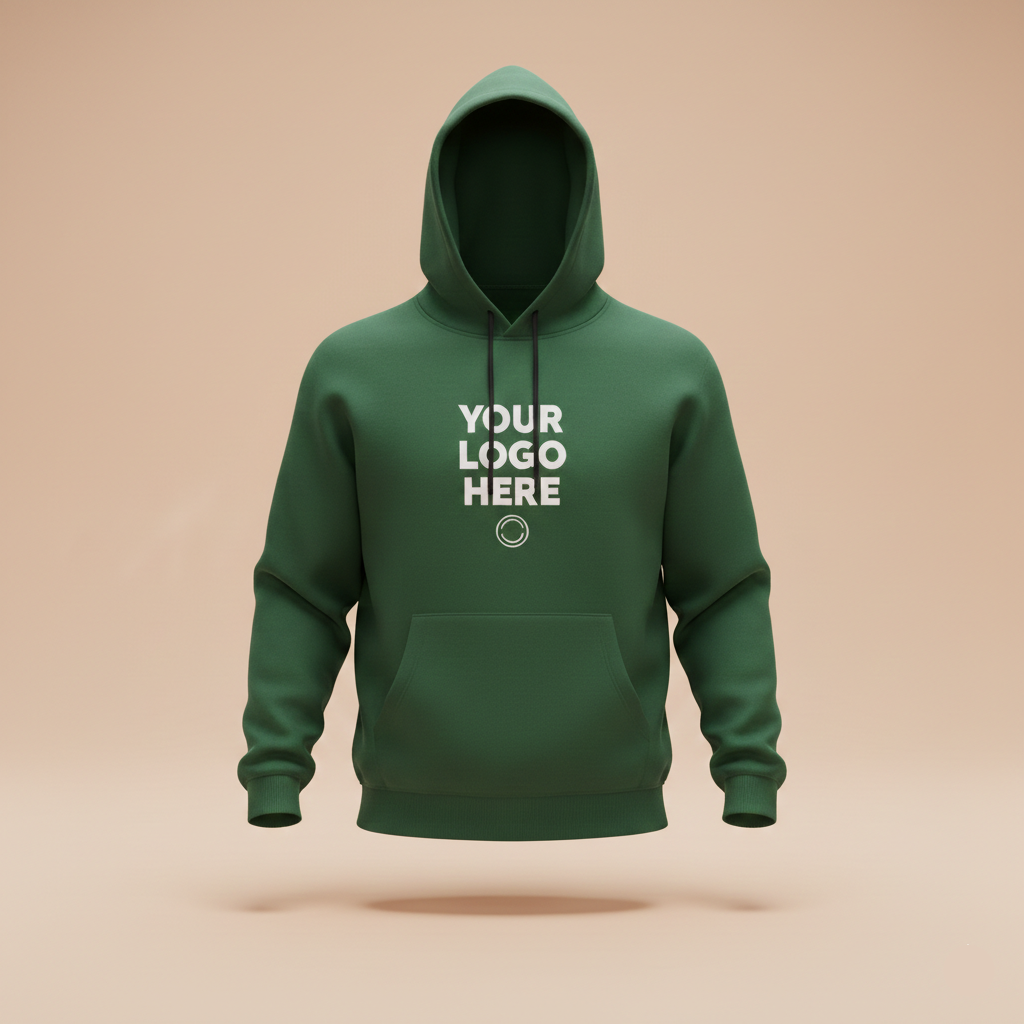 Green hoodie with 'Your Logo Here' text on a beige background