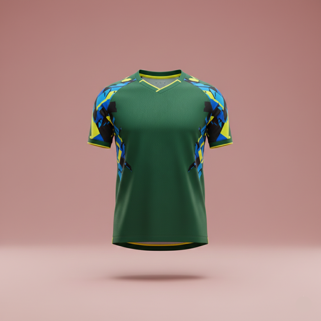Green sports jersey with blue and yellow patterns on a pink background