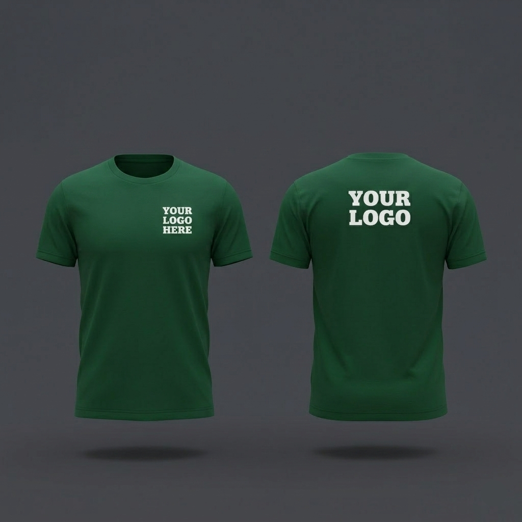 Green t-shirt with 'Your Logo Here' text on front and back against a dark background