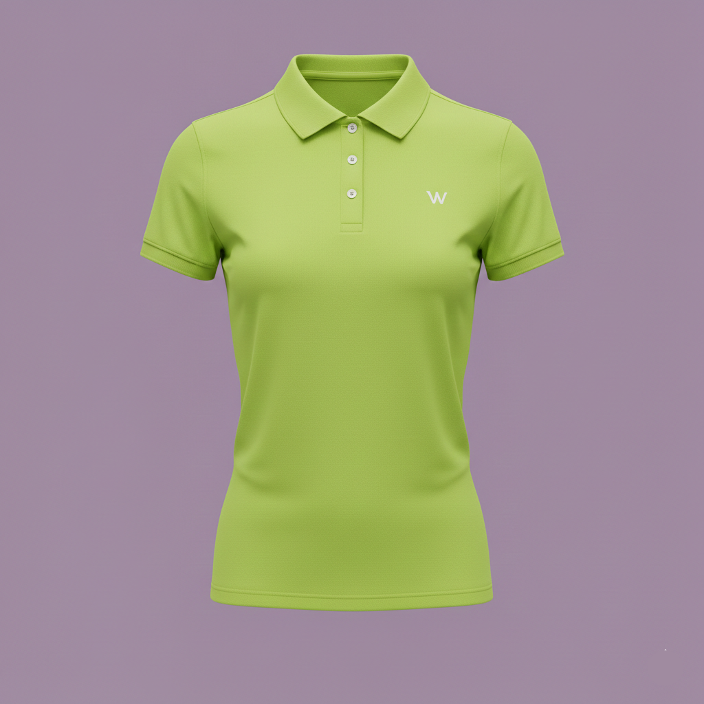 Green polo shirt with a logo on a purple background