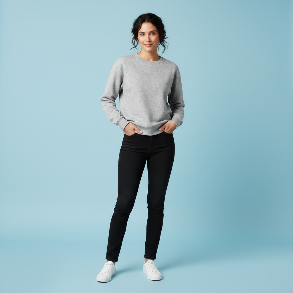 Woman wearing a gray sweater and black pants on a light blue background