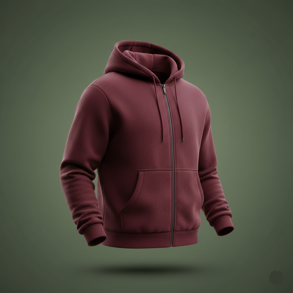 Maroon hoodie with a zipper on a green background