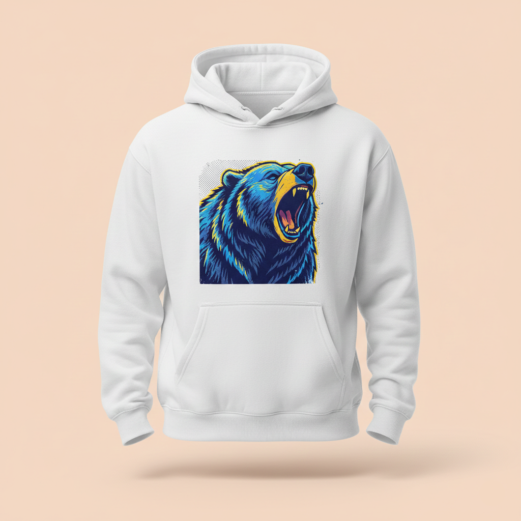 White hoodie with a colorful bear graphic on a beige background