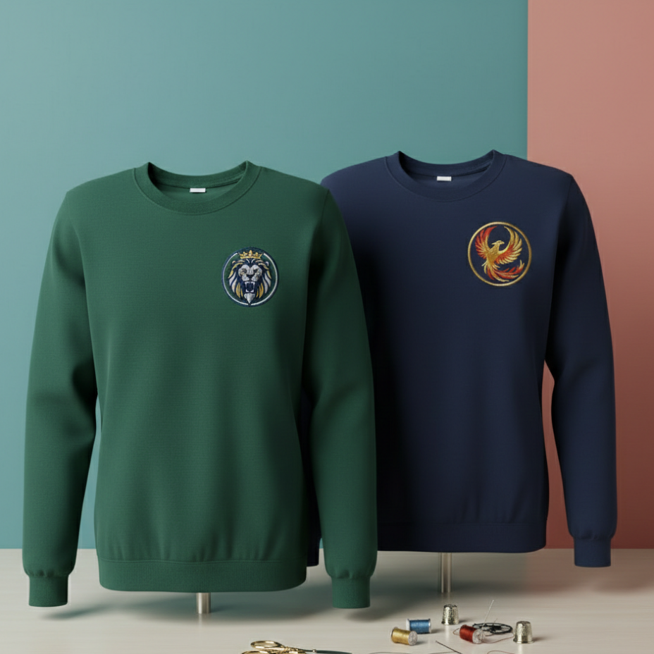 Two sweatshirts, one green and one navy, with embroidered designs on a two-tone background.