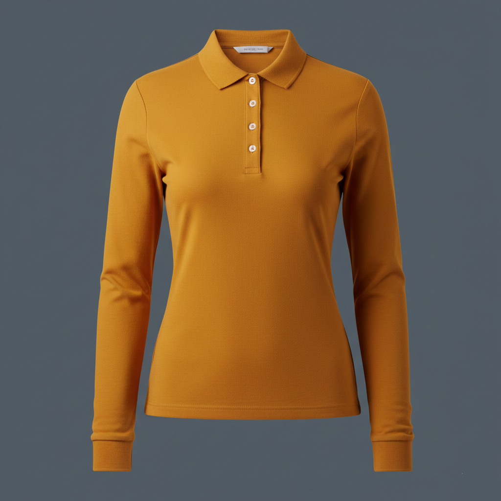 Orange long-sleeve polo shirt on a gray background