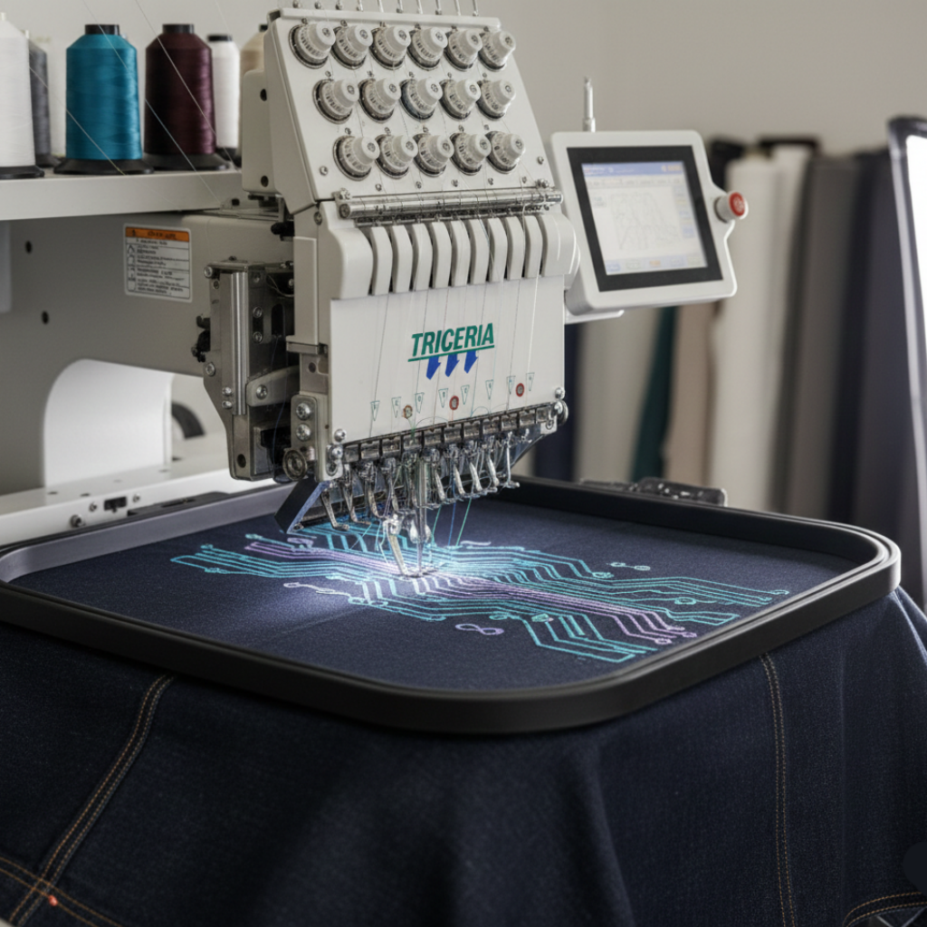 Embroidery machine in operation with a Triceria brand logo on a screen.