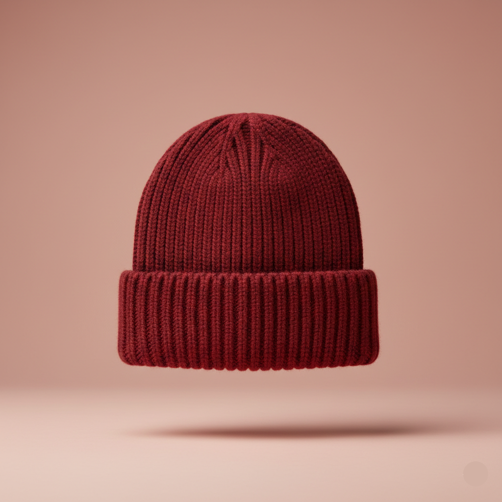 Red beanie hat on a beige background